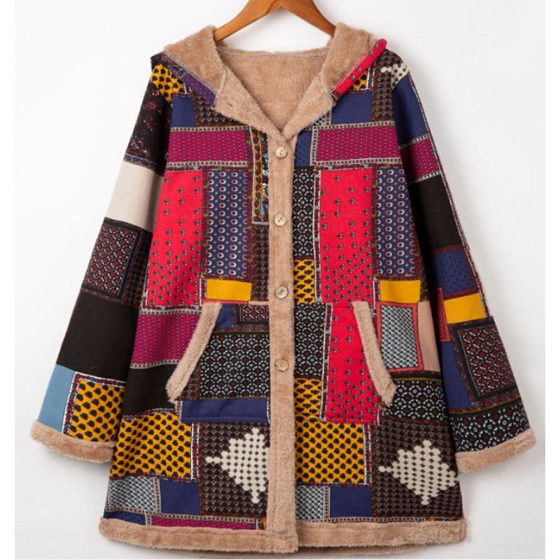 Casual Women Warm Outwear Retro Printed Pockets Zipper Hooded Long Sleeve Thicker Coat Plus Size