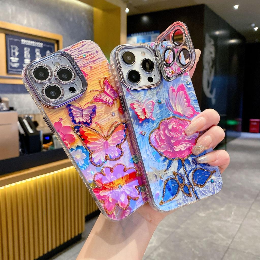 Applicable To IPhone16 Oil Painting Rose Mobile Phone Case Apple 15Pro Flash Powder Lens Film Stand 14 Protective Cover