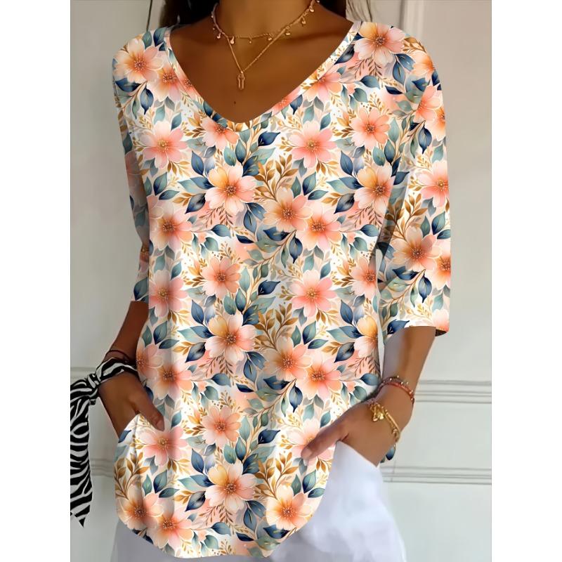 European and American casual fashion holiday women's regular fit floral full-body print three-quarter sleeve V-neck T-shirt top
