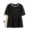 Japan Foreign Trade Order! Sanzhai Top ~ Temperament Women Pleat High Elastic Round Neck Small A Word Flash Diamond Collar T-shirt Summer