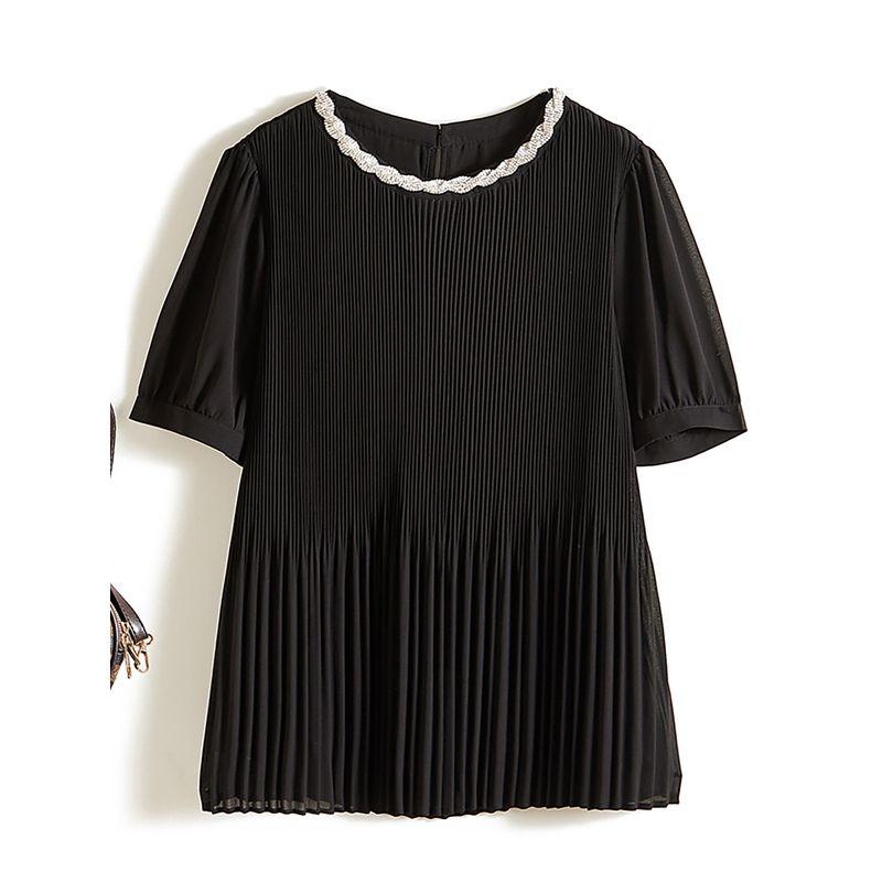 Japan Foreign Trade Order! Sanzhai Top ~ Temperament Women Pleat High Elastic Round Neck Small A Word Flash Diamond Collar T-shirt Summer