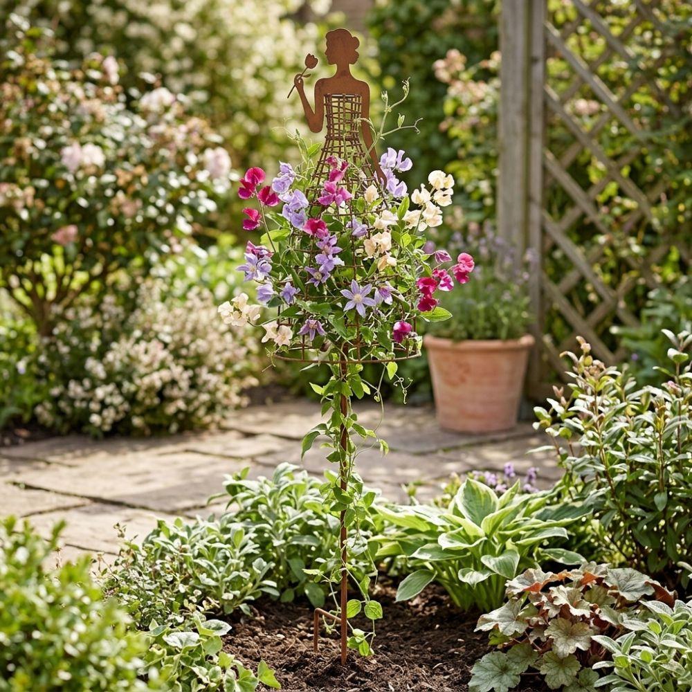 Rustic Metal Dress Lady Shape Plant Trellis Iron Art Flower Climbing Rack Balcony Garden