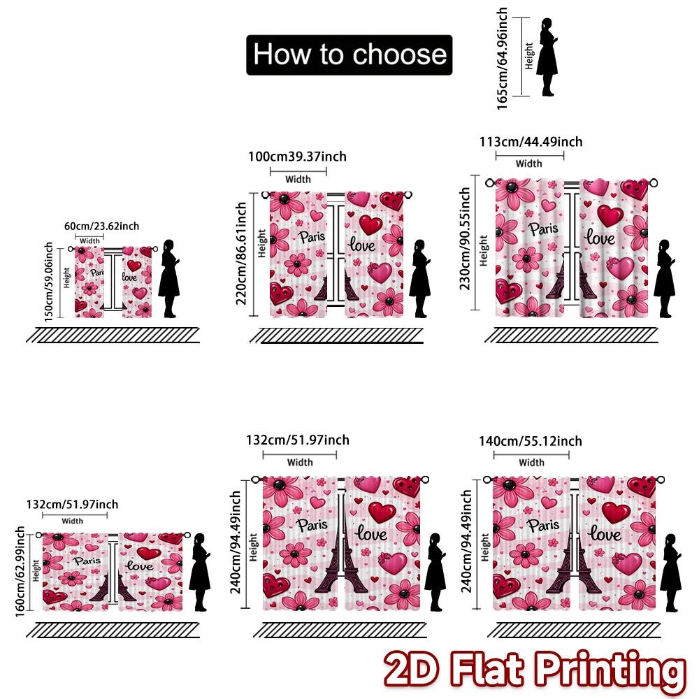 2D FLAT PRINTING 2pcs Curtains (Without Rod) Valentine's Eiffel Tower Love Popular Curtain Machine Washable Fabric Curtains weet