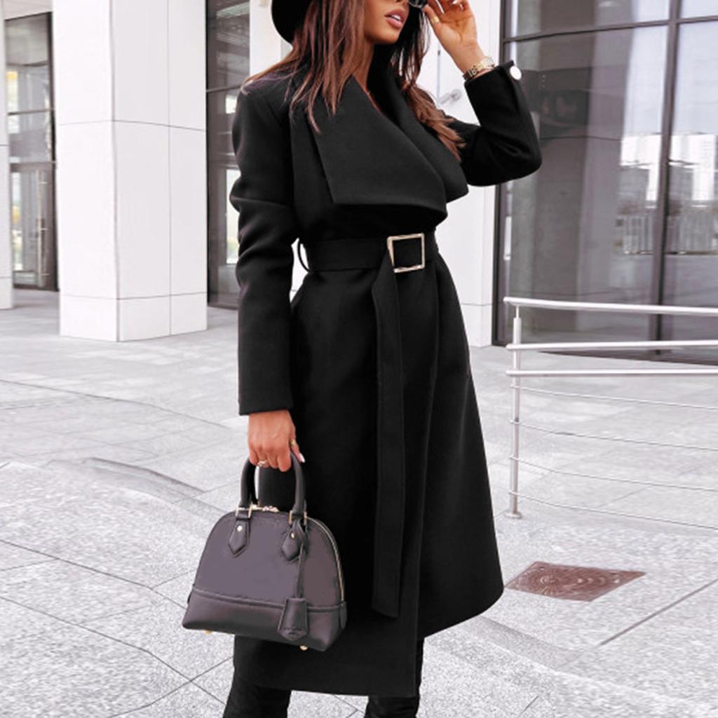 Women's Winter Long Sleeve Lapel Pocket Casual Coat Belt Woolen Coat