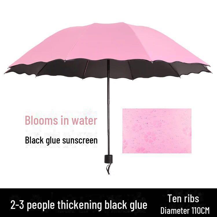 Dual-Use Water-Blooming Parasol: Foldable, Sun & Rain Black Glue Umbrella, Customizable LOGO.