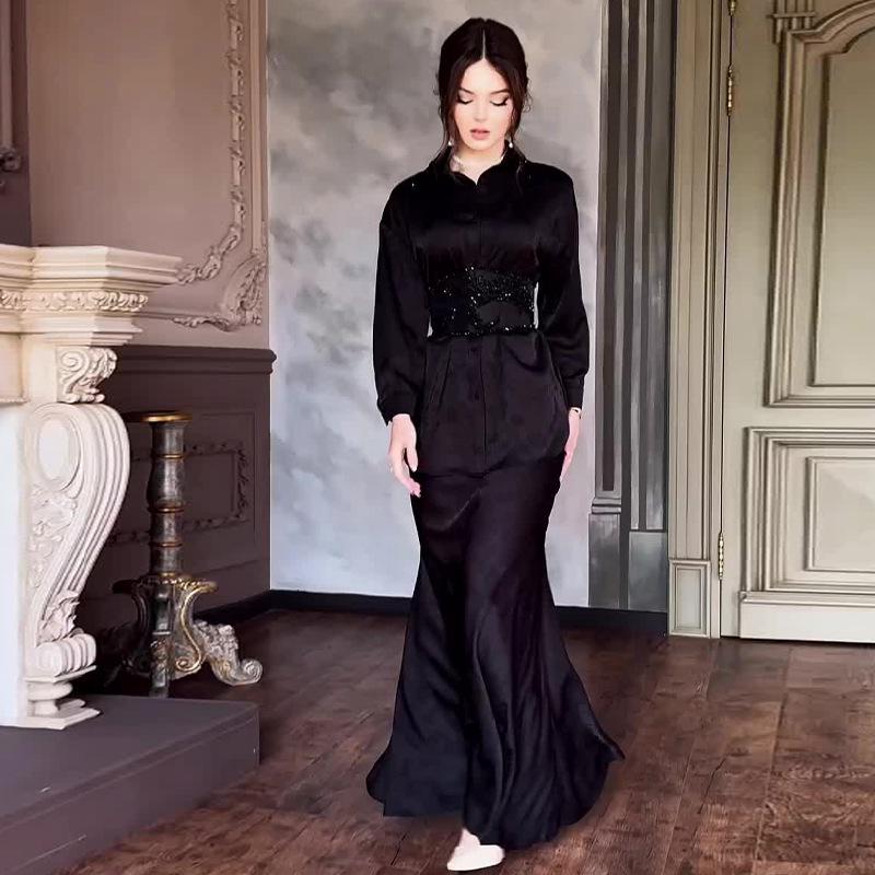 2024 Осень Женский Однотонный Элегантный Приталенный Комплект Длинного Платья с Завязкой на Талии
