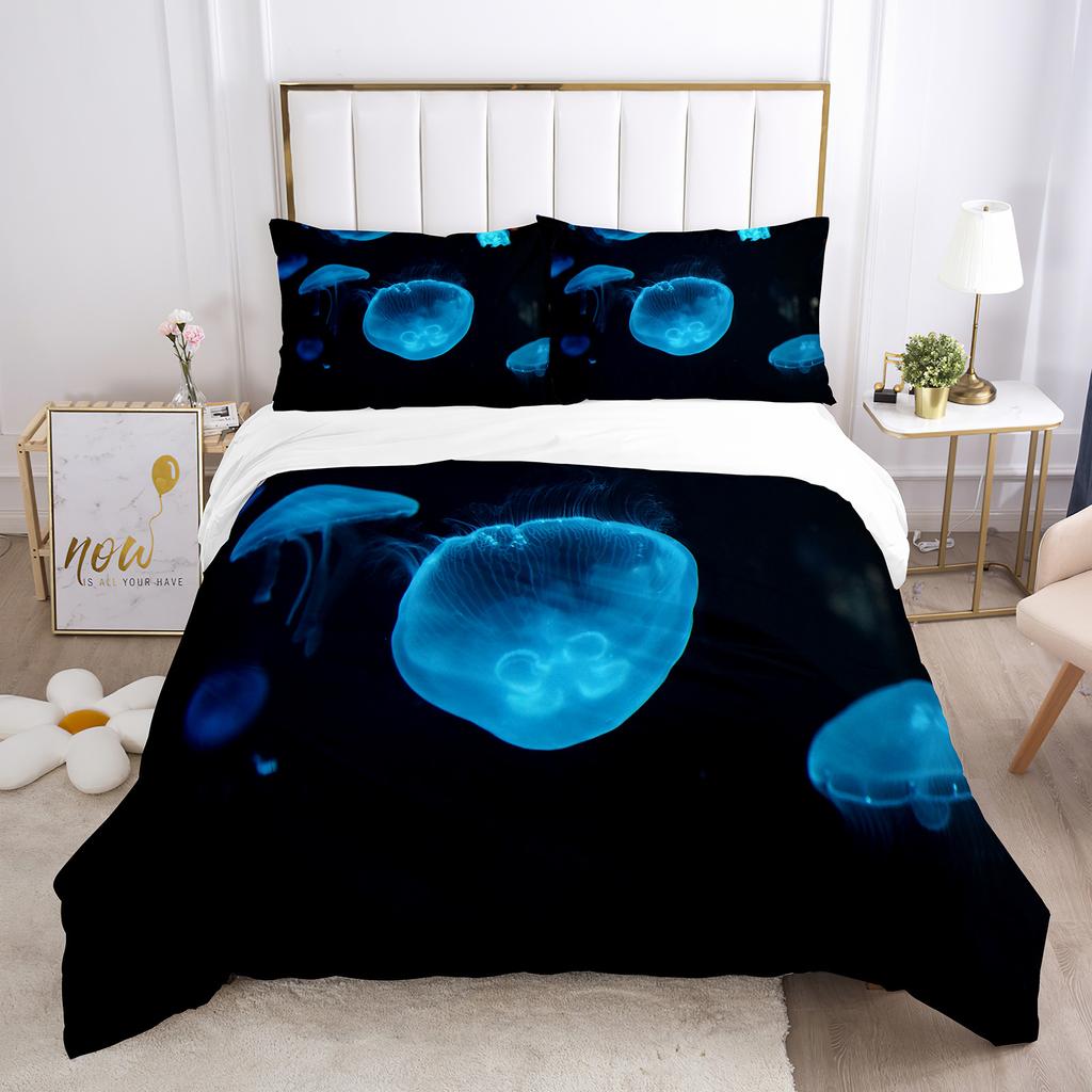 Jellyfish Duvet Cover Set Blue Sea Wild Animals Theme King Queen Size for Kids Teens Adult Polyester Bedding Set with Pillowcase