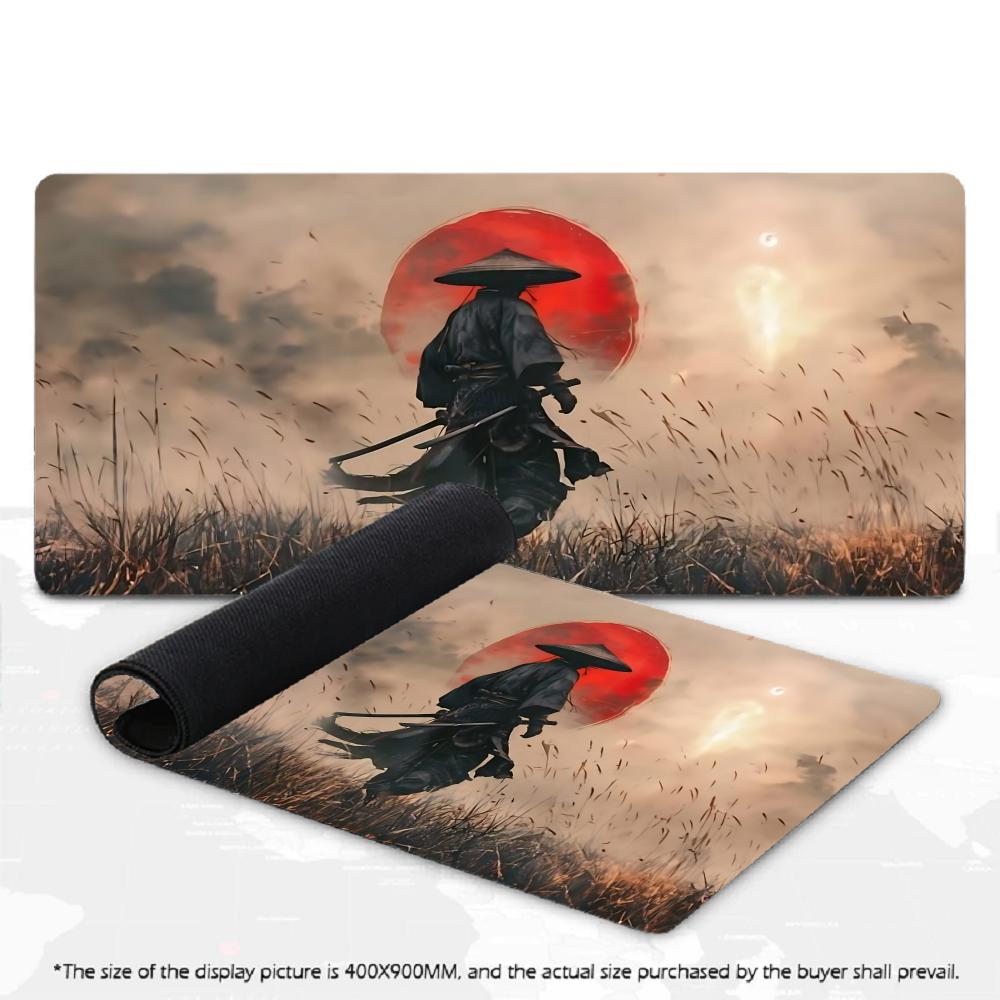 Japanese Samurai Red Sun Large Mouse Pad XXL Ink Art Desk Mat Overlocked Non-Slip Rubber Keyboard Pad Gaming Computer Deskpad