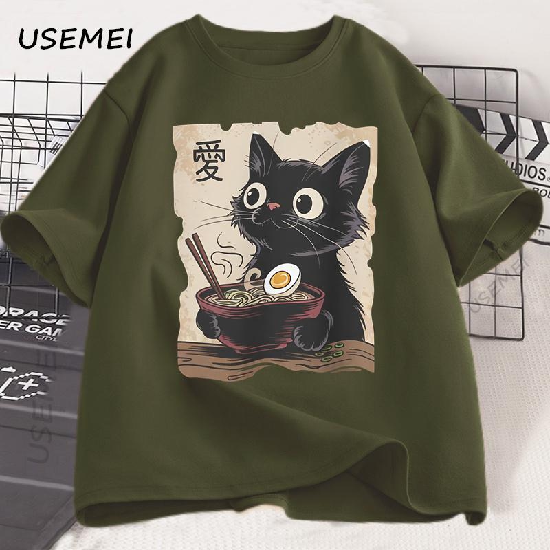 Смешная футболка с котом и раменом, графическая футболка, японская каваий аниме футболка с котом, мужская, женская, повседневная, с коротким рукавом, хлопковая футболка