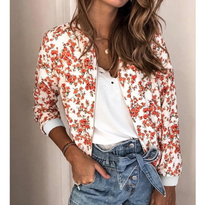 Плюс Размер Женская Осенняя Модная Напечатанная Круглая Горловина Застежка Молния Длинные Рукава Куртка