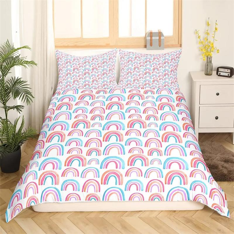 Cartoon Rainbow King Queen Duvet Cover Kids Girls Colorful Clouds Bedding Collection Love Heart Comforter Cover Polyester Quilt Cover