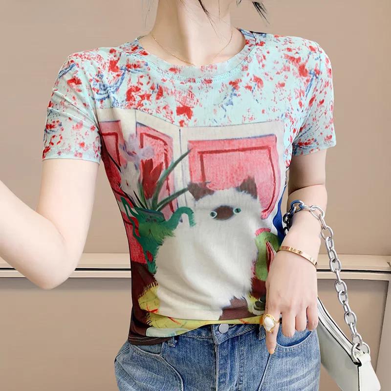 Шикарные женские футболки с коротким рукавом, одежда, мода, эластичные, облегающие летние топы, классический принт, повседневные футболки, блузка