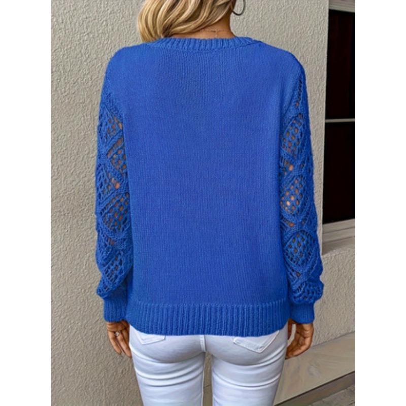 Fashion Long Sleeved V-neck Hollow Out Pullover Sweater Women Lace Loose Casual Top Solid Color Knitted Ladies Sweaters Autumn Winter Office Clothing
