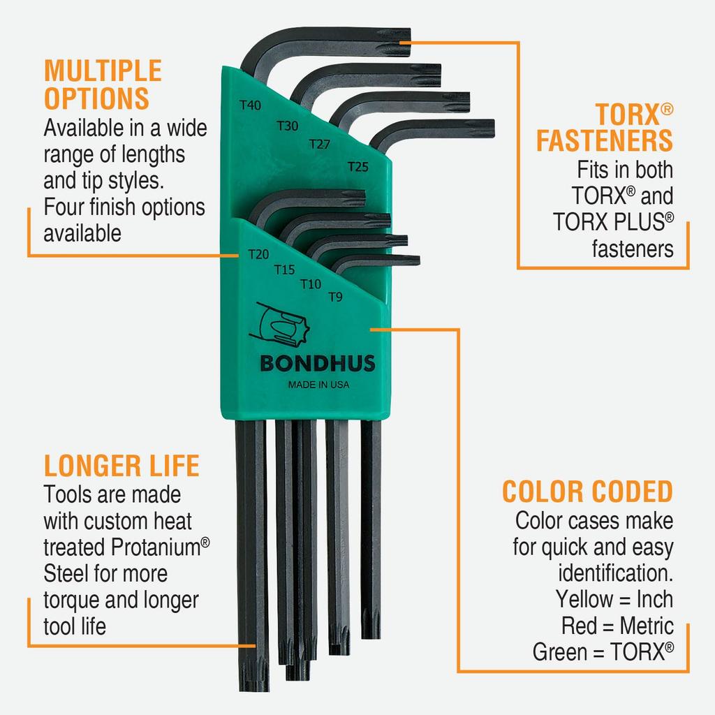 Длинный черный набор из 8 TLX8 31834 [BONDHUS] набор L-образных ключей Torx®, отделка, (Т9, Т10, Т15, Т20, Т25, Т27, Т30, Т40) Нет.