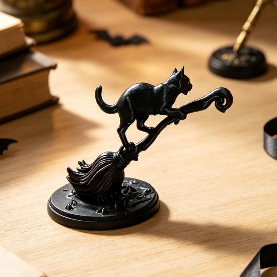 Прочная Фигурка Черной Кошки на Метле Ведьмы из PLA, 3D-Печатная Статуэтка Метлы, Хэллоуинское Украшение для Стола, Настольное Украшение для Многоуровневой Подачи, Стола,