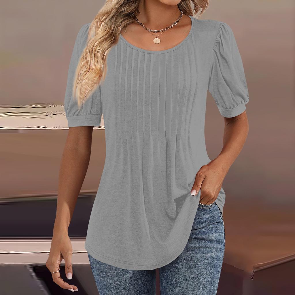 Женские пышные туники с короткими рукавами, топы, плиссированные блузки с воротником, повседневные свободные весенне-летние футболки