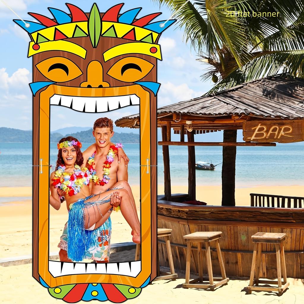2D Flat Hawaiian Tiki Totem Check in Photo Booth Polyester Aloha Luau Tropical Mona Birthday Party Decor Birthday Party Decor