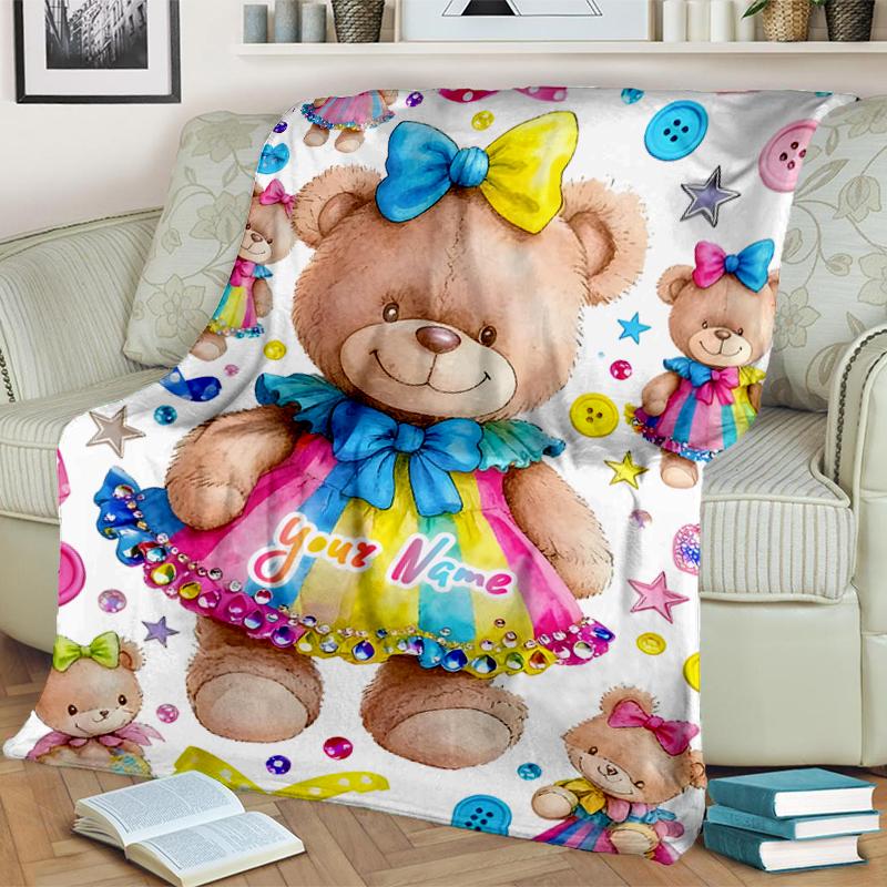 1PC Custom Name Colorful Teddy Bears Party outdooor Flannel blankets Throw Blanket All-Season Throw Gift Bedspread for Couch, Bed, Camping Holiday Bir