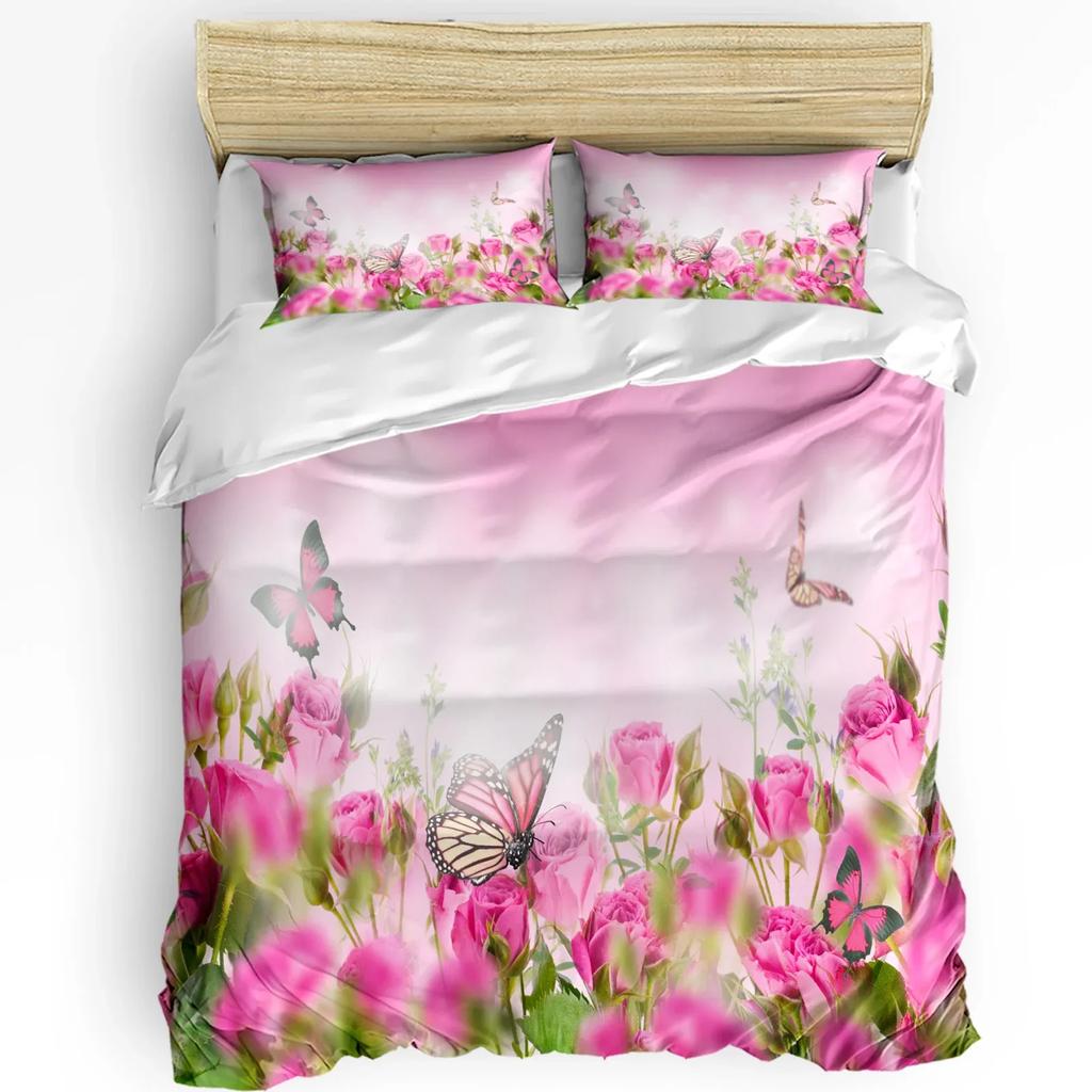 Red Rose Flower Black Duvet Cover Bed Bedding Set For Double Home Textile Quilt Cover Pillowcases Bedroom Bedding Set (No Sheet)