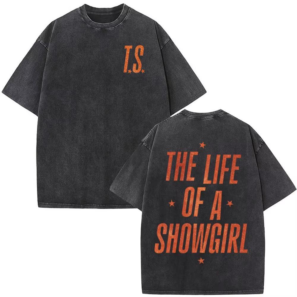 Альбом The Life of A Showgirl Мерч Футболки Подарки для фанатов Мужская Женская Одежда Винтажные Стиранный Хлопок Оверсайз Футболки с Коротким Рукавом