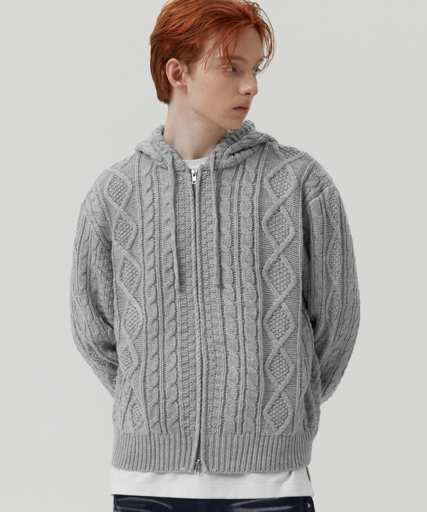 TRILLION Washable Aran Cable Hooded Zip-Up Knit (Melange Gray)