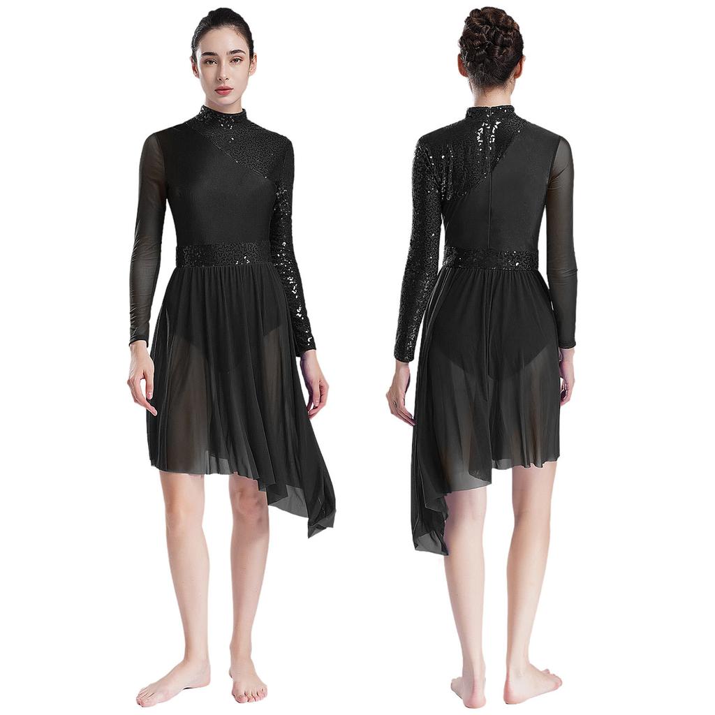 Women Sparkly Sequins Modern Lyrical Dance Dress Long Sleeve Irregular Hem Dresses Performance Costume