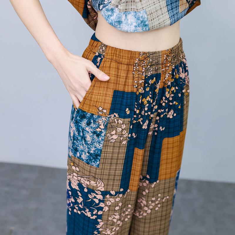 Летние комплекты с широкими брюками больших размеров с винтажным принтом, повседневные элегантные свободные комплекты для женщин, комплект из 2 предметов