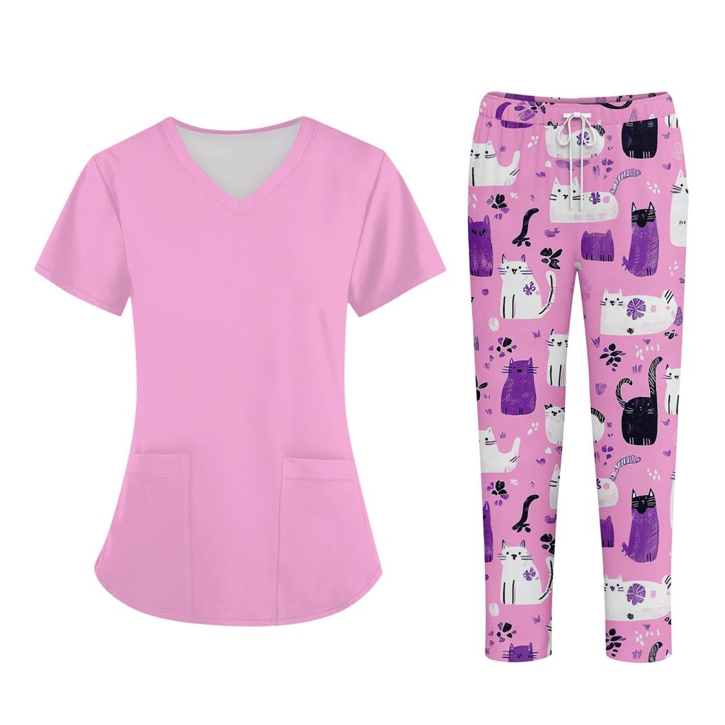 Плюс размерСкраб с принтом Рабочая форма Топы для женщин Крест V-образным вырезом Хэллоуин Принт с короткими рукавами Забавные футболки Спецодежда Футболка с карманами