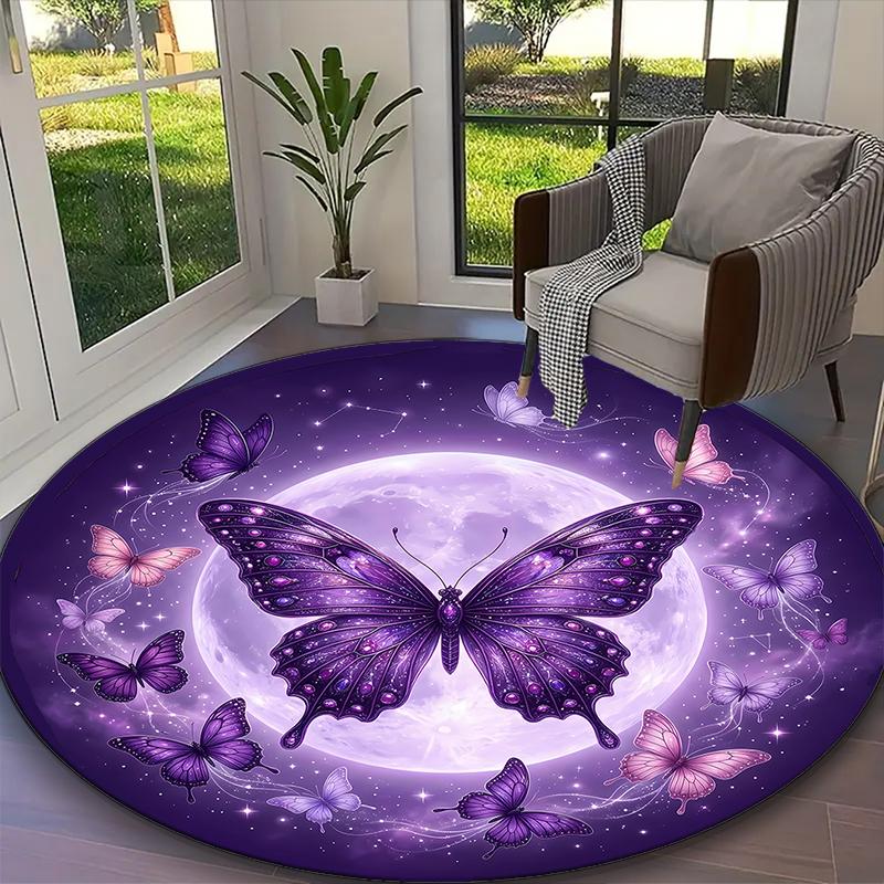[1pc Floral Dragonfly Butterfly Office Carpet] Easy Maintenance Chair Rug for Conference Room Use, Durable Round Sofa Floor Mat