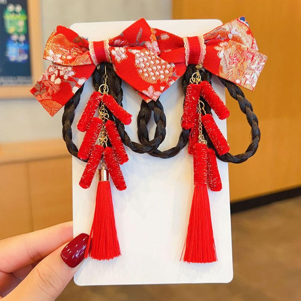 2 шт. Детский головной убор Парик Коса Заколка Кисточка Ханфу Головной убор Красный бант Заколка для волос Праздничный на Новый год