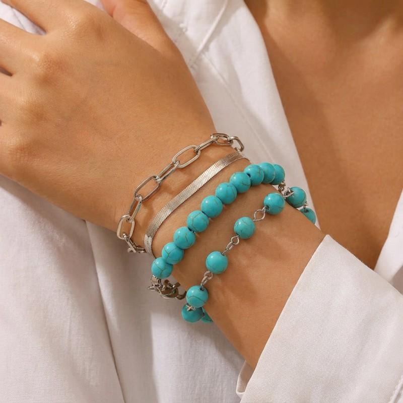 Boho Style Turquoise Inlaid Alloy Bracelet Set Women Vintage Travel Photo Fashion Accessory