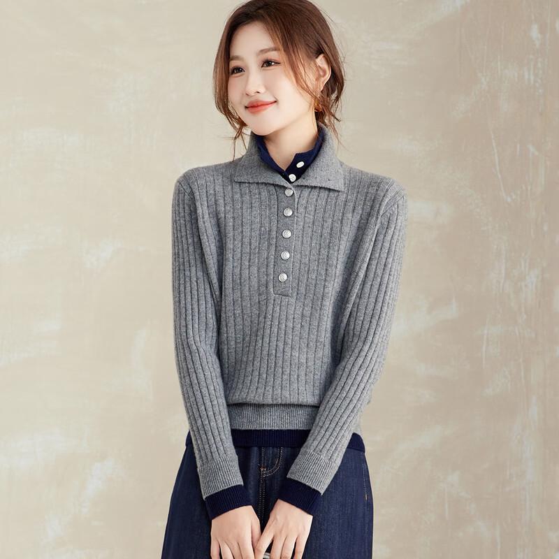 Women's 100% Wool Faux Two-Piece Ribbed Sweater