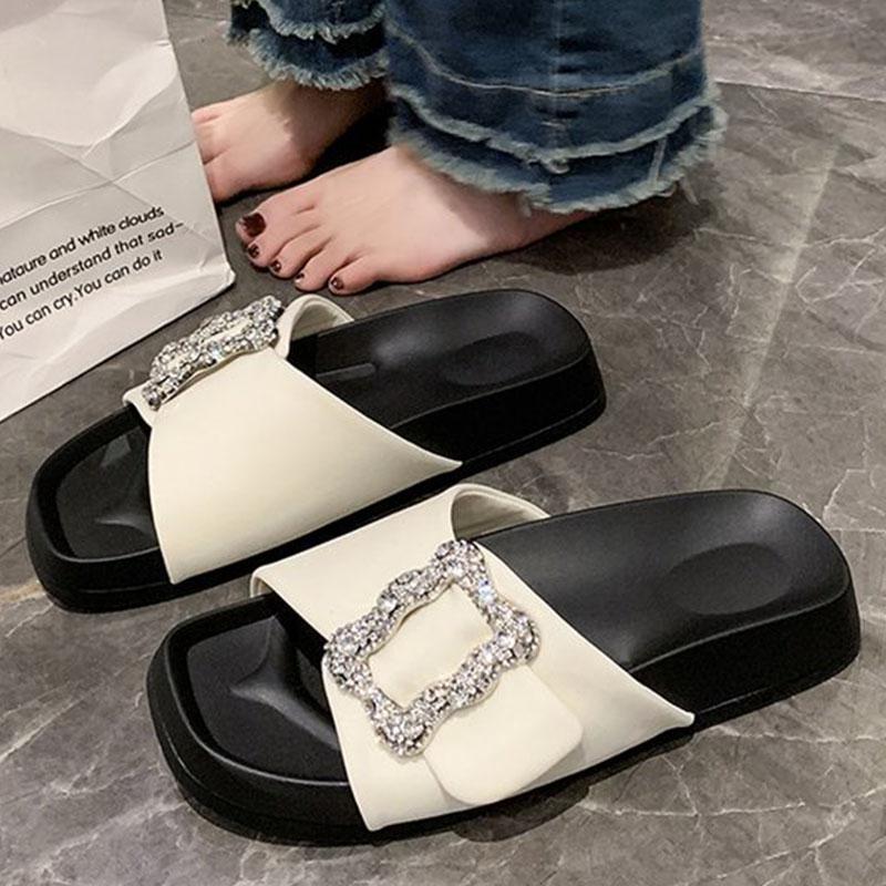 Модные женские тапочки с кристаллами и пряжкой, черные, хаки, бежевые, без застежек, модные шлепанцы, повседневные сандалии, удобные туфли со стразами