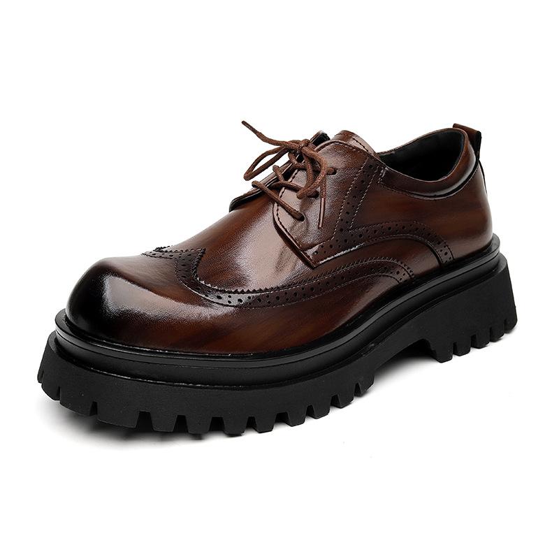 Men Fashion Genuine Leather Shoes Black Brown Carved Brogue Shoe Wedding Party Dress Breathable Platform Footwear Gentleman Mans
