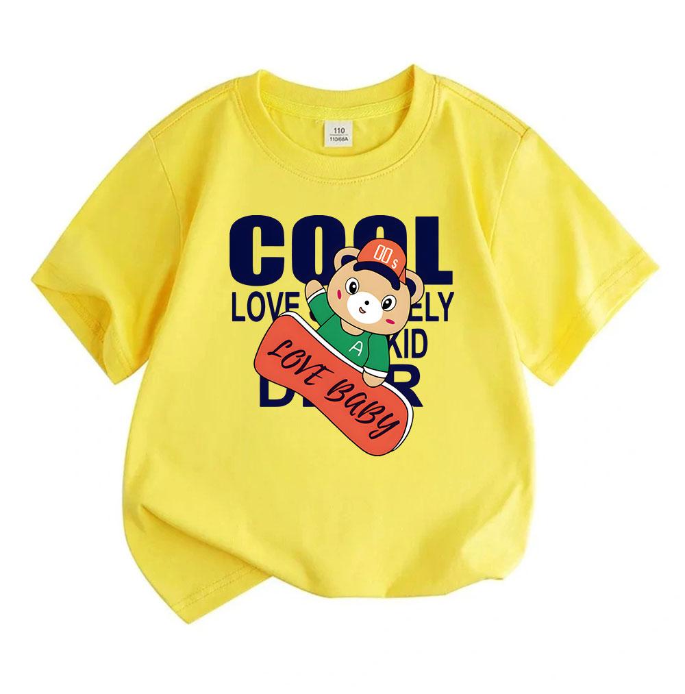 100% Cotton Kids Crew Neck Short Sleeve T-Shirt, Cool Cartoon Bear Skateboard Print Casual Soft Tees for Boys Girls Summer Breathable Comfortable Ligh