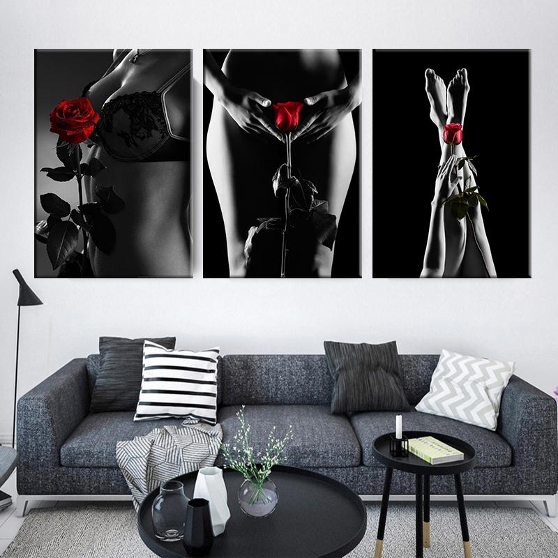 Sexy Woman Nude Posters and Prints Portrait Canvas Painting Red Rose Pictures Wall Art for Living Room Home Decor No Frame