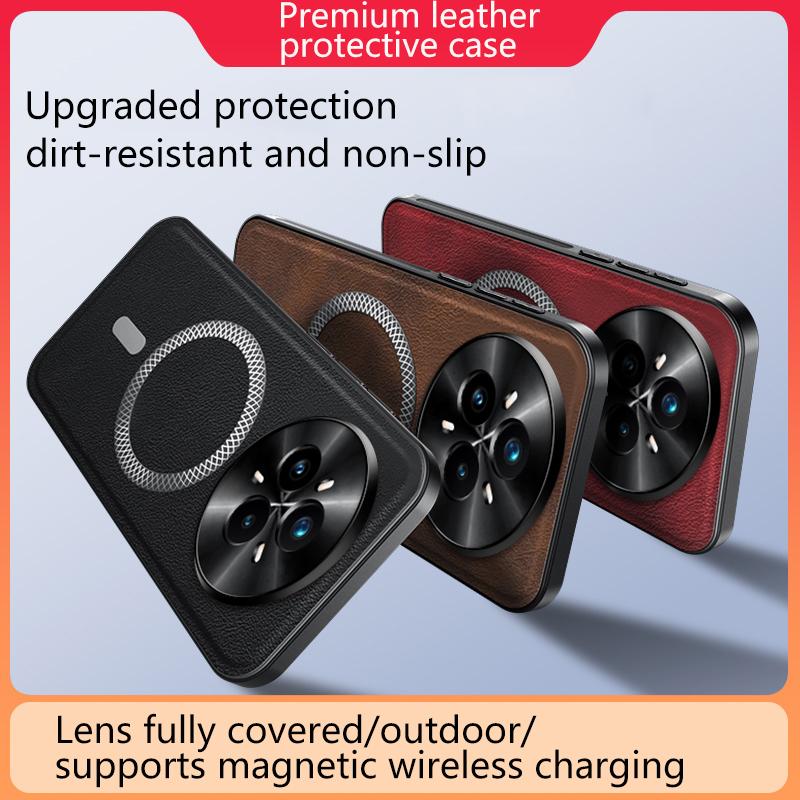 Роскошный чехол из искусственной кожи для Realme 14 Pro 5G с магнитным металлическим кольцом Magsafe для защиты объектива и противоударным покрытием для Realme 13 Pro+ 5G