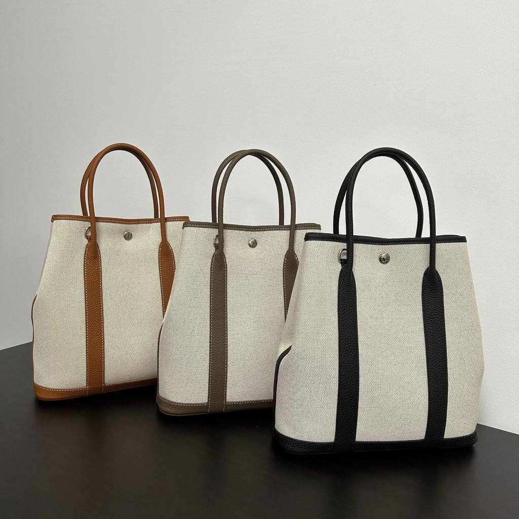 Vertical Canvas with First-layer Cowhide Garden Bag 36 Handbag Fashionable and Casual Lightweight Tote Bag Large-capacity Women's Bag