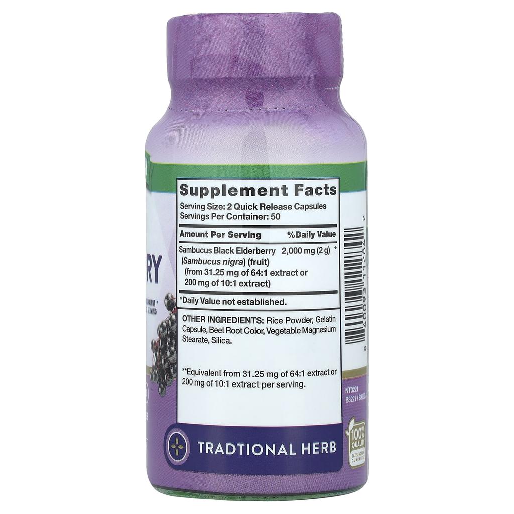 Nature's Truth Sambucus Black Elderberry, 2,000 Mg, 100 Rapid-Release Capsules (1,000 Mg Per Capsule)