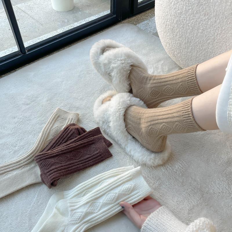Толстые носки средней длины с ромбовидной сеткой, женские, белые, утолщенные, теплые, однотонные, повседневные, хлопковые носки в стиле колледжа