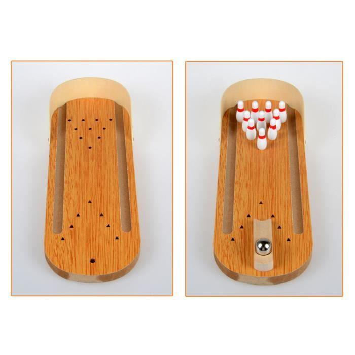 Mini Bowling de Table - Lot avec 10 quilles - Jeu d'adresse pour Adultes et Enfants - Marron - Intérieur