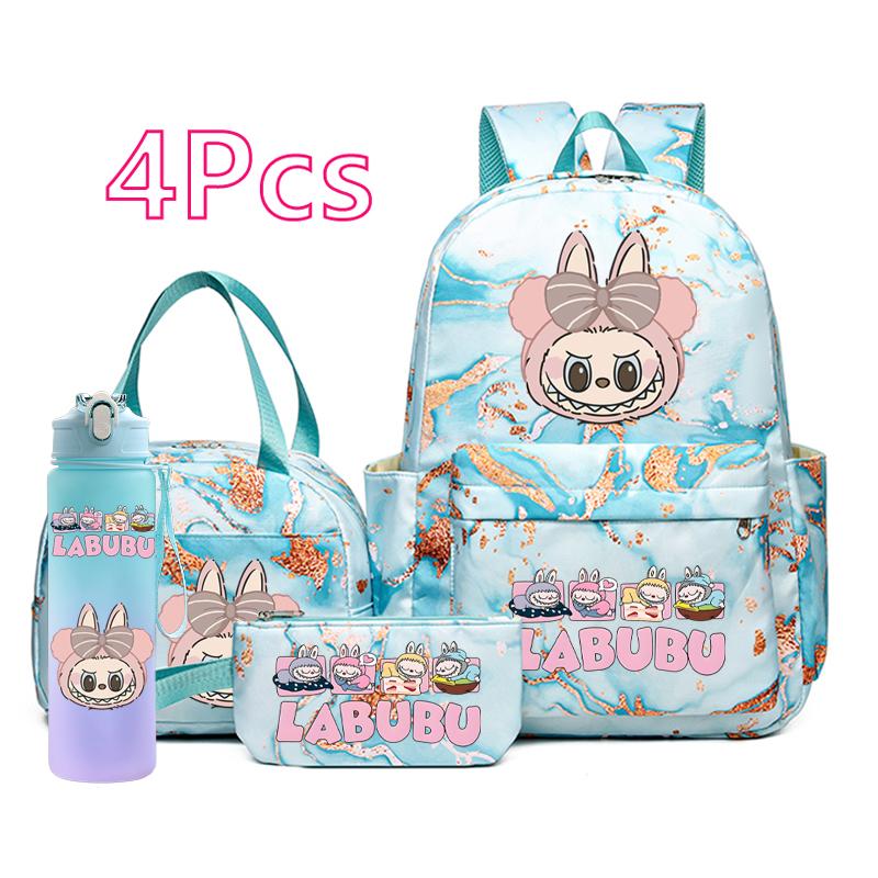 4Pcs/set Cartoon Printed Backpack Pencil Bag Lunch Bag Outdoor Water Bottle Student Girl Large Capacity Schoolbag Travel Bag Gift