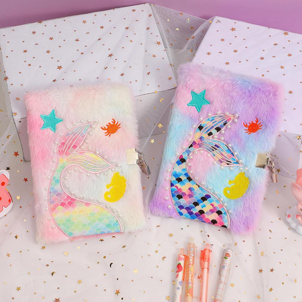 SYC Plush Mermaid Fluffy Paper Cover Notebooks Kids Custom Diary with Padlock for Children Journal Set 80 Sheets