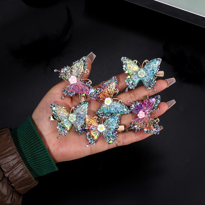 6Pcs Luxury Shiny Sequin Butterfly Hair Clips, double-layer acrylic Y2K style. Butterfly small flower colors random.