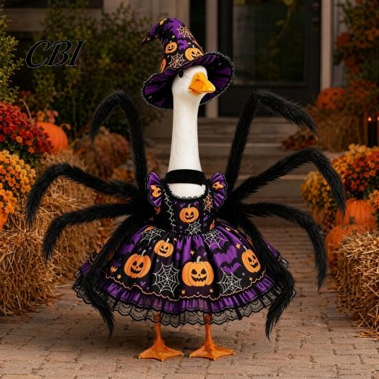 Porch Goose Costume 1 Set Halloween Spider Outfit, Pumpkin Cobweb Print Dress with for Yard Decoration Legs And Witch Hat, 23-Inch Statue Outdoor