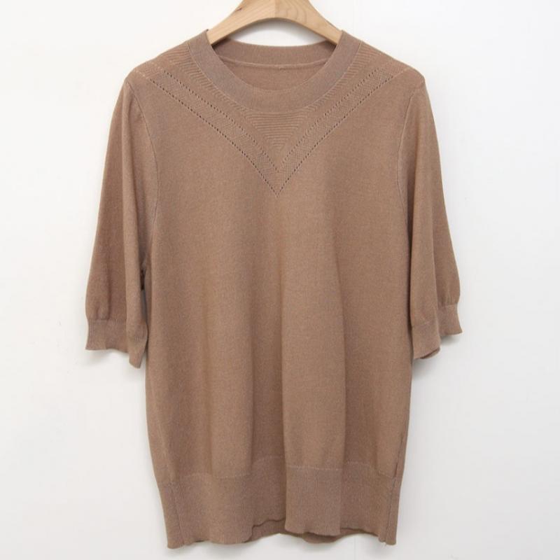 Shop Women Round Neck V Punching ShorT sleeVe KniT T shirT Brown Dgb Wkn 4558