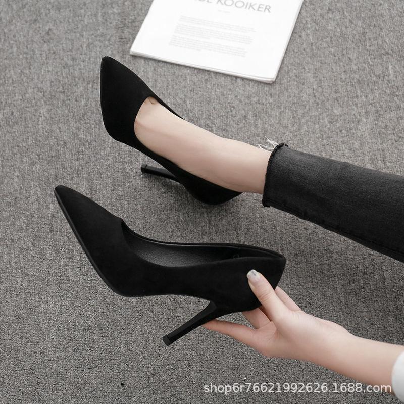 High Heels Women's Spring and Autumn New Black Thin Heels Pointed Light Mouth Suede Professional Shoes Etiquette Shoes