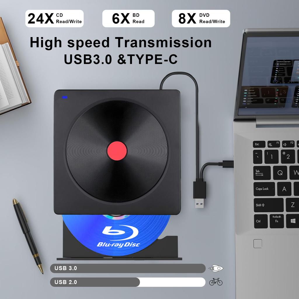 Внешний Blu-ray привод, Портативный Blu-ray плеер и CD DVD рекордер – USB 3.0 и Type-C BD/DVD/CD ридер, Легкий для ноутбука