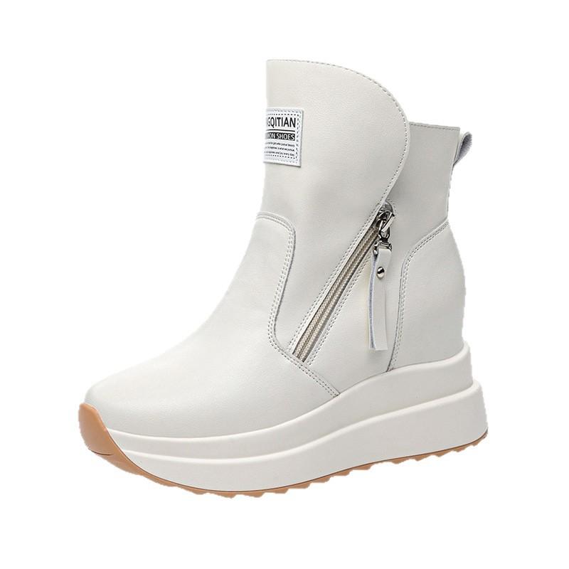 Genuine Leather Shoes Women Fashion Boots 9cm Height Increasing Shoes Flat Platform Ladies Ankle Boots Black Beige