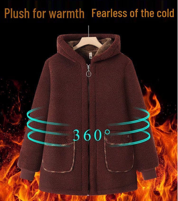 Mom's Plus Size Hooded Fleece-Lined Winter Coat for Middle-Aged and Elderly Women - Lambswool Padded Jacket